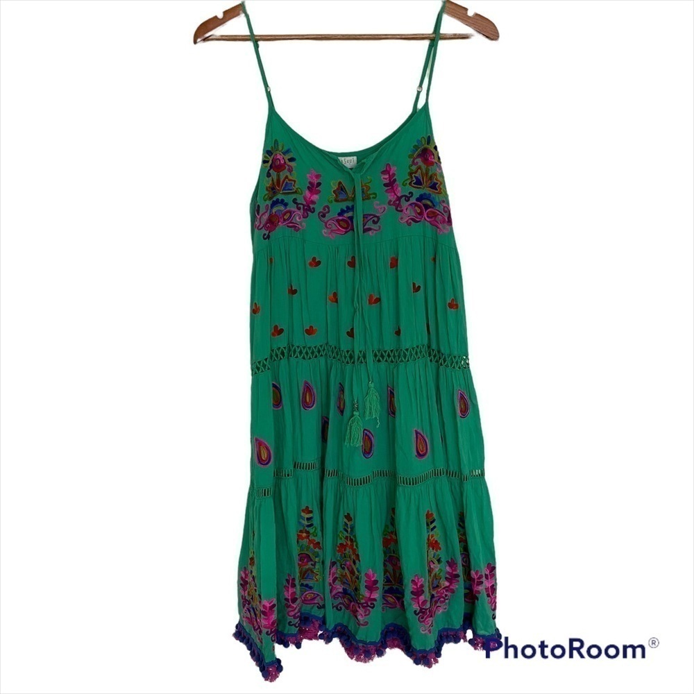 Green Embroidered Midi Sundress with Spaghetti Straps
